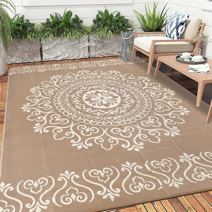 Pauwer Outdoor Rug 9x12, Waterproof Plastic Straw Camping Rug, Floral Brown | Reversible Patio Rug, UV Resistant Indoor Outdoor RV Mat Carpet For Deck, Camper, Porch, Balcony, Backyard, Picnic, Foldable