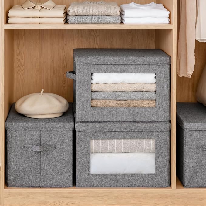 2-Pack Storage Bins with Lids & Clear Window, Foldable Fabric Closet Organizer Boxes, Stackable Cube Baskets with Soft Handles for Clothes & Blankets, 15", Grey