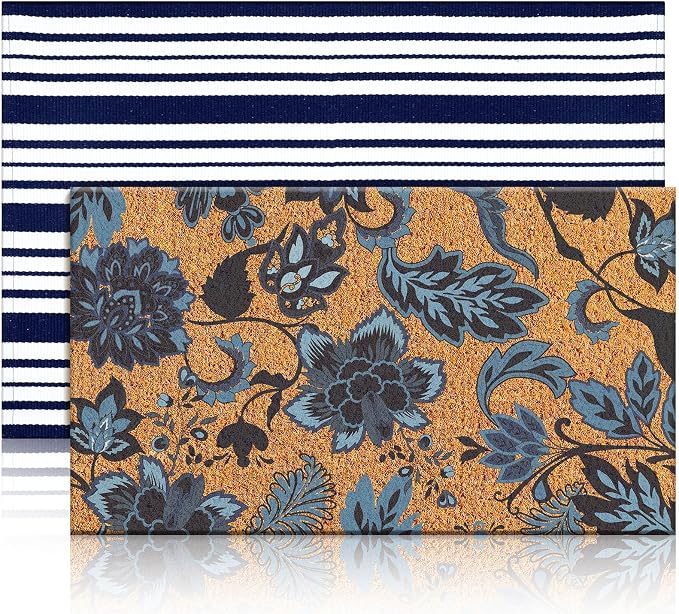 Moucuny 2 Pcs Navy Blue Coir Doormat and Stripe Rug Outdoor | Flower Coir Door Outdoor Navy Blue and White Stripe Rug for Front Door Porch Entryway Decor, 24'' x 35'', 16'' x 28''