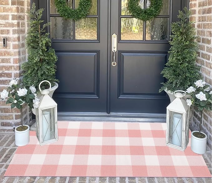 Pink and White Outdoor Rug 2'X4.3' Buffalo Plaid Checked Front Porch Rug Cotton Woven Washable Rug Layering Doormat for Welcome Door Mat Entryway Dining Room Bedroom Living Room