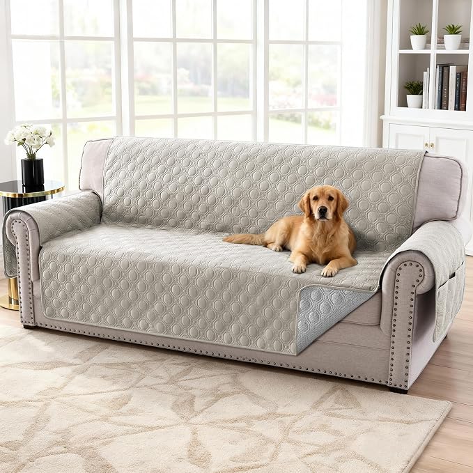 H.VERSAILTEX 100% Waterproof Couch Cover for 3 Cushion Couch Sofa Cover for Dogs Triple Non-Slip Furniture Protector Cover with Elastic Straps for Pet Cat(Sofa, French Oak)
