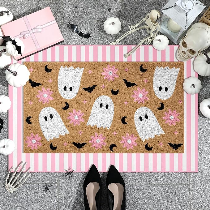 Tinideya 2 Pcs Pink Halloween Layered Doormat Set, Ghost Coir Doormat with Pink White Striped Rug, Cute Halloween Welcome Mats for Front Door Porch Entryway Outdoor Fall Decor