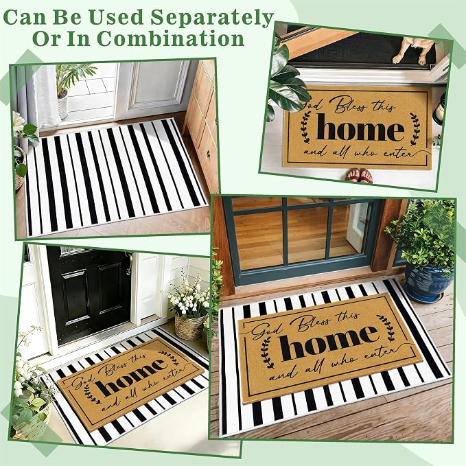 2 Pcs Coir Door Mat Welcome Mats for Front Door Black White Striped Layering Rug for Porch Outdoor Entrance Doormats Non Slip God Bless Matt for Religious Gifts Christian Rugs for Patio 23.6"x35.4"