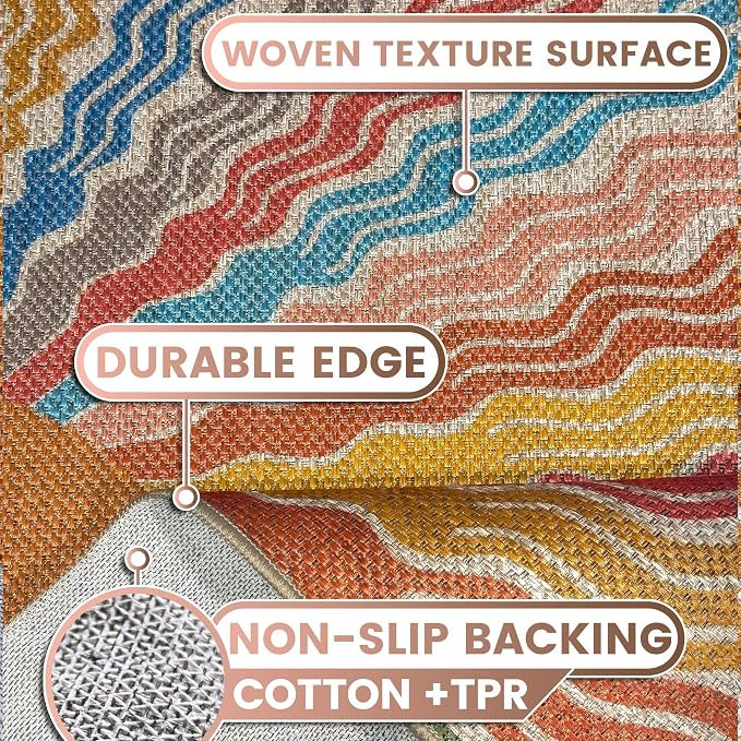 Washable Sun Easy Jute Rug, 3x5 Rainbow Sun Modern Boho Retro Outdoor Indoor Patio Small Area Rugs, Woven Ultra Thin Non Slip Carpet Door Mat for Bedroom Entryway Front Door Porch Farmhouse Backyard