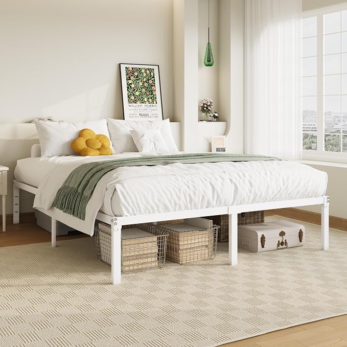 Allewie Queen Bed Frame, 14 inch Metal Beds with Storage Space, White | Heavy-Duty Metal Platform Beds, Large Under-Bed Storage Space, No Box Spring Needed, Easy Assembly