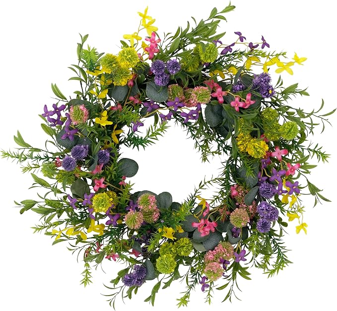 Puleo International 24" Artificial Eucalyptus Floral Spring Door Wreath with Berries, Multicolor