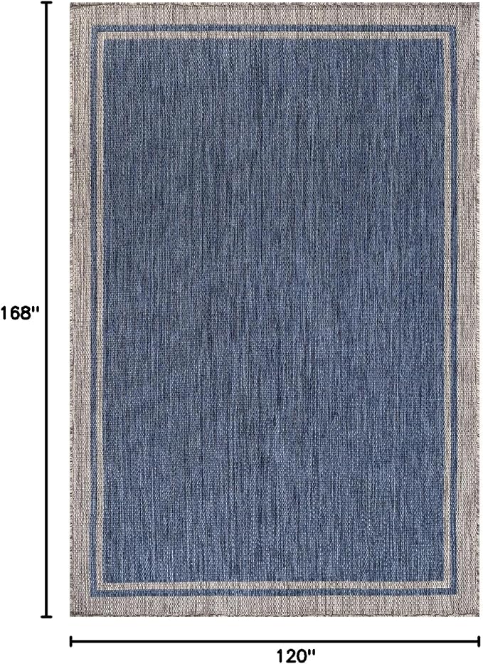 CAMILSON Indoor Outdoor Rug, 10x14 Bordered Navy Blue Gray Modern Large Area Rugs for Indoor and Outdoor Patios, Porches Waterproof Washable Porch Deck Outside Carpet (Bordered Navy, 10 x 14)