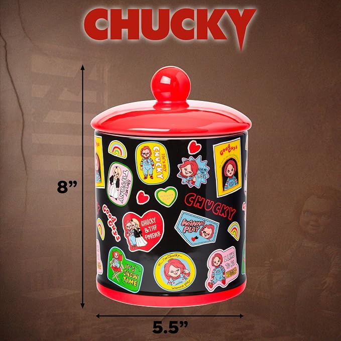 Silver Buffalo Chucky and Tiffany Sticker Badges, Ceramic Cookie Jar | Pattern, Snack, Large Size