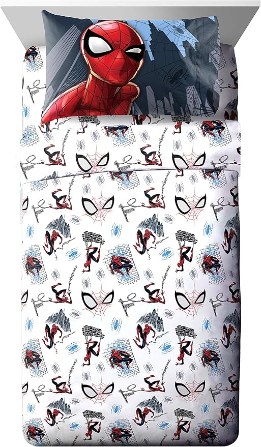 Marvel Spiderman Twin Comforter Set 4 Piece Kids Bedding for Boys, Multi | Bed in a Bag, Comforter Sheets Pillowcase, Official Product, Soft Microfiber, Machine Washable, Easy Care, Boys Gift