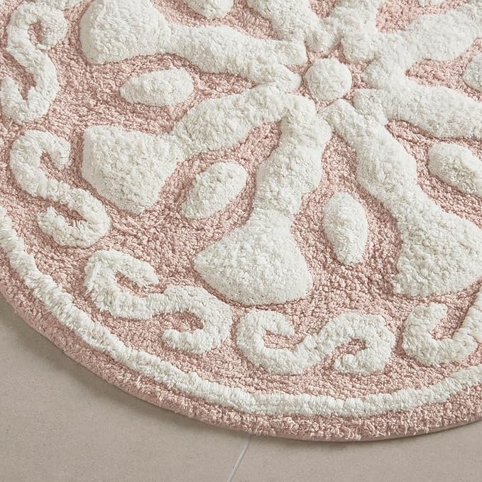 Madison Park Casablanca Tufted Cotton Bath Rug Non-Slip, Round 25", Pink | Luxurious Plush Bath Mat, Quick Dry, Soft, Machine Washable, Floral Pattern, Absorbent, Plush, OEKO-TEX, for Bathroom