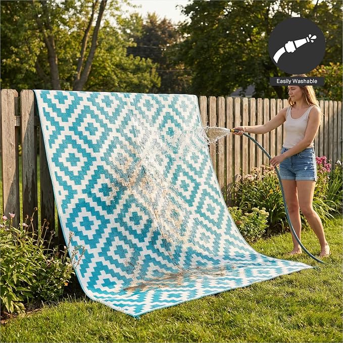 FH Home Outdoor Camping Rug - Waterproof, Fade Resistant, Reversible - Premium Recycled Plastic - Geometric - Large Patio, Deck, Sunroom, RV - Aztec - Teal & White - 9 x 12 ft Foldable