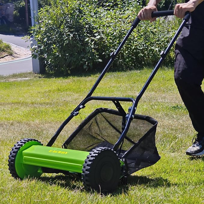 14-Inch 5-Blade Manual Push Reel Lawn Mower Cordless, with Removable Grass Catcher Bag & Adjustable Cutting Height, for Yard & Garden Grass Cutting