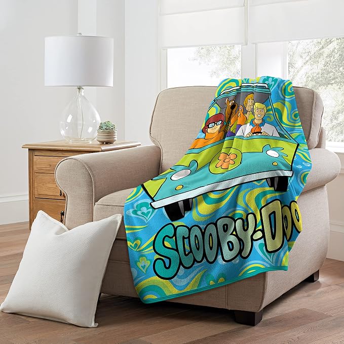 Warner Bros. Scooby-Doo Groovy Baby Micro Raschel Throw, 46 x 60 in | Plush Polyester Fleece, Decorative Edge Binding, Machine Washable, Cozy Layer for Bedrooms, Lounging, Sleepovers, and Travel