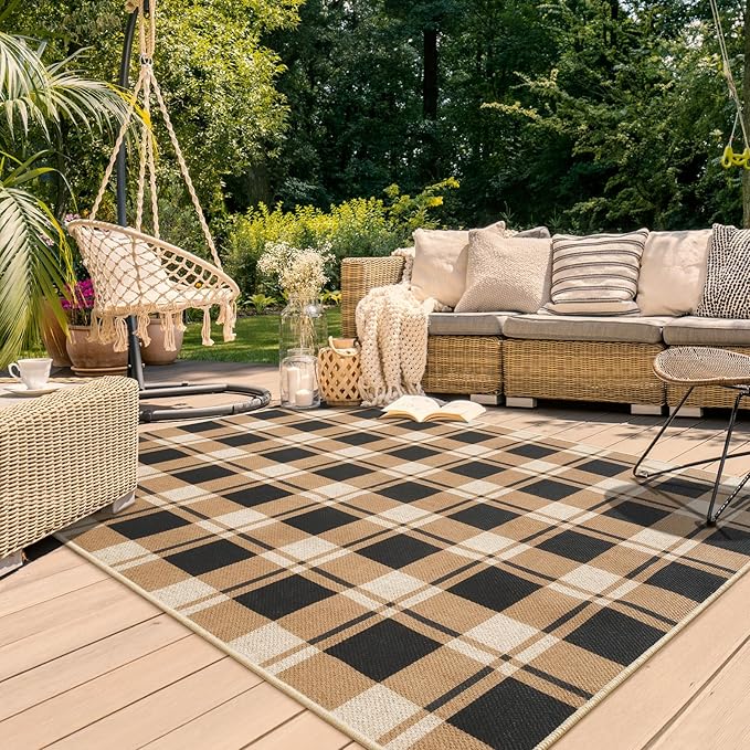 AROGAN Checkered Jute 5x7 Area Rugs, Washable Outdoor Patio Rug for Living Room Entrance Indoor Outdoor Carpet, Farmhouse Design Neutral Geometric Rugs for Front Porch Mat Dining Room