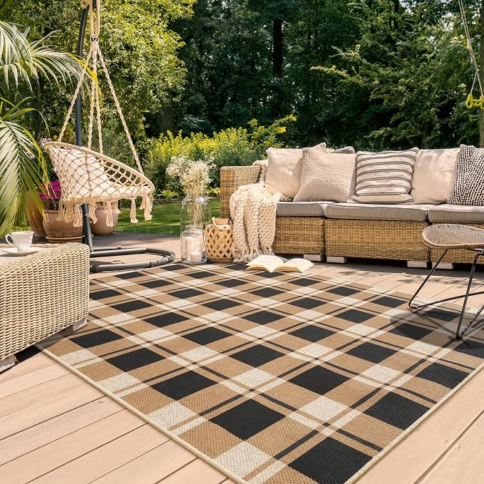 AROGAN Checkered Jute 4x6 Area Rugs, Washable Outdoor Patio Rug for Living Room Entrance Indoor Outdoor Carpet, Farmhouse Design Neutral Geometric Rugs for Front Porch Mat Dining Room