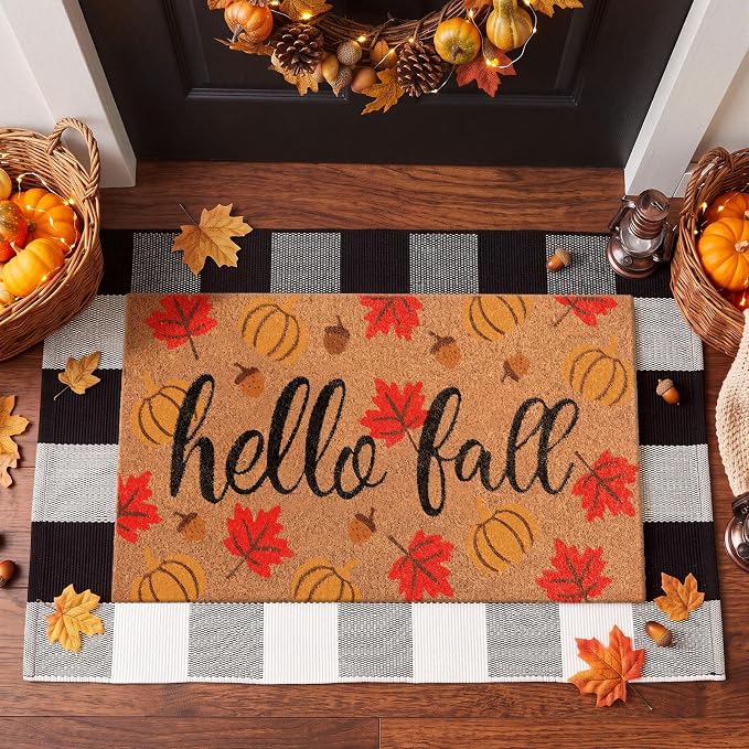 Moucuny 2 Pcs Fall Coir Doormat Outdoor Hello Fall Welcome Mat Layered Black and White Buffalo Plaid Rug for Autumn Front Porch Entryway Entrance Decor, 24'' x 35'', 16'' x 28''