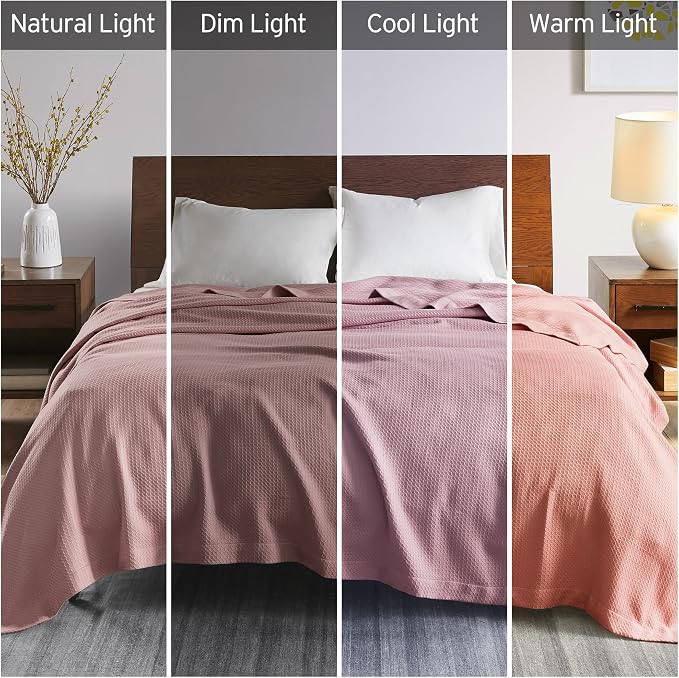 Madison Park 100% Egyptian Cotton Summer Blanket Full Queen Size Rose | Cozy Soft Breathable Durable, Waffle Weave Woven Casual, Lightweight Knit All Season Throw for Bed Couch or Sofa, OEKO TEX