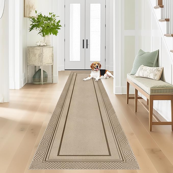 Capslpad 2x8 Hallway Area Rug, Faux Jute Geometry Line Entryway Rug, Farmhouse Washable Non-Slip Rubber Backing, Stain Resistant Low Pile Runners for Hallways, Kitchen, Bedroom, Laundry, Brown