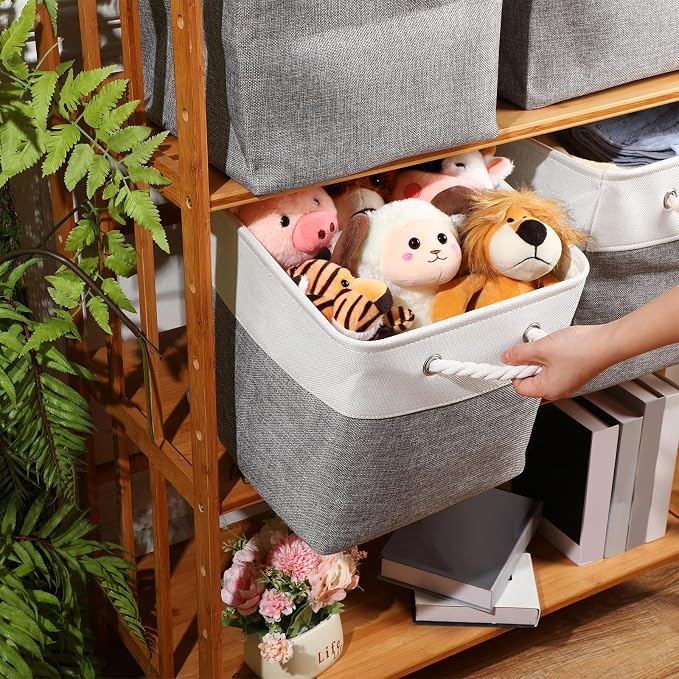 meekoo 8 Pack Collapsible Storage Bins Fabric Storage Bins Polyester Fabric Baskets with Handles Linen Closet Organizer for Shelf Home Closet Towels Toys(12 x 12 x 12 in,Gray White)