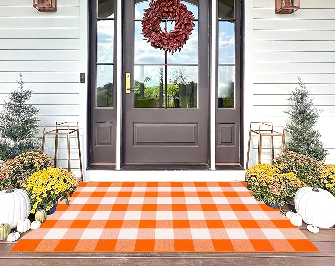 3'x5' Outdoor Rug,Halloween Orange White Front Porch Mat Farmhouse Cotton Washable Layering Rug Checkered Area Rug for Porch,Entryway,Layered Doormat,Indoor,Outdoor,Halloween,Fall
