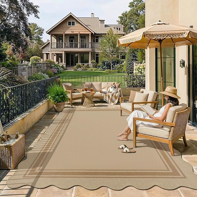 8x10 Scalloped Rug Easy Jute Washable Rug for Living Room Indoor Outdoor Tan Geometric Non Slip Carpet for Under Table Neutral Carpet for Backyard Patio Dining Room
