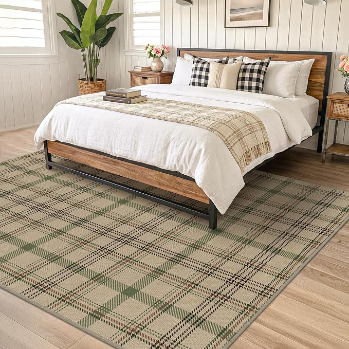 Washable Easy Jute Living Room Rug - Aesthetic Bedroom Rug Under Bed, Outdoor Rug 9x12 for Patio, Large Farmhouse Indoor Outdoor Carpet, Contemporary Non Slip Sage Plaid Decor for Dining Room