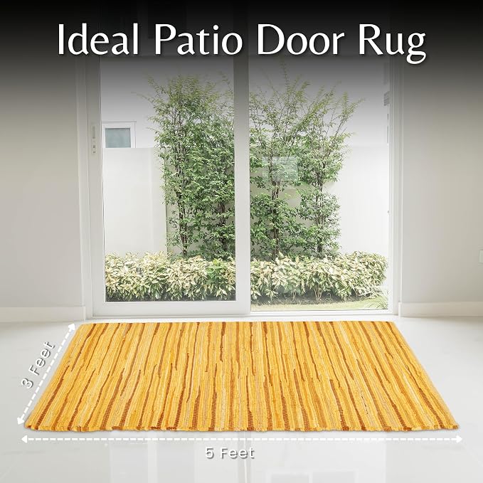 Ramanta Home 100% Cotton Hand Woven Tonal Chindi Rag Rug 3'x5' - Mustard, Recycled Reversible Rugs, Boho Rustic Farmhouse Rugs for Living Room, Dinning Room, Kitchen Floor Mats - 36"x60"
