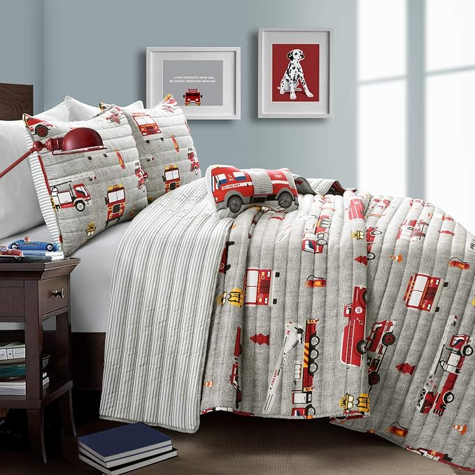 Lush Decor Fire Truck Quilt 3 Piece Set, Twin, Red & Gray - Reversible Stripe Print Toddler Bedding Set for Kids Room