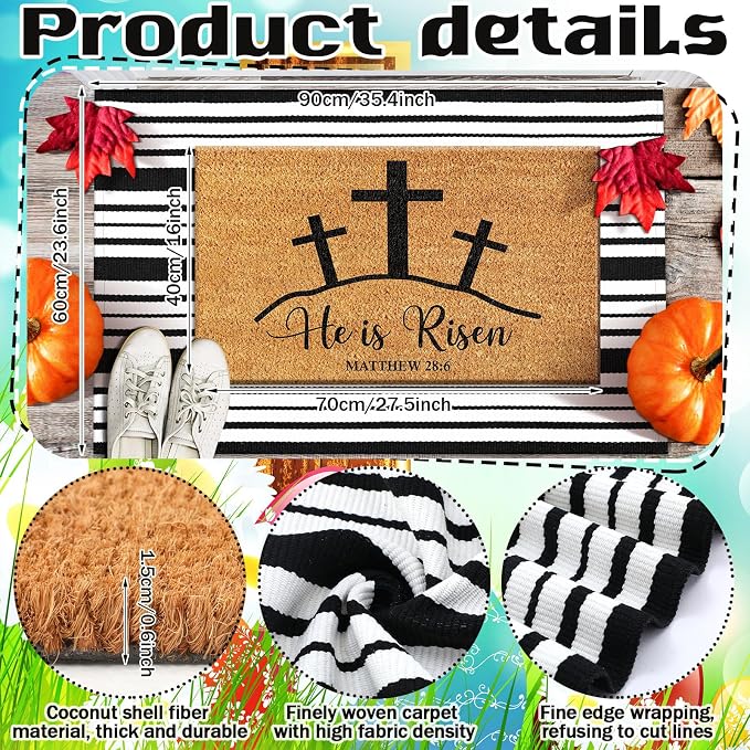 Moucuny 2 Pcs Easter Coir Doormat Outdoor Mat He is Risen Welcome Door Rug Layered Black and White Stripe Rug Coir Easter Mat for Outdoor Front Porch Entryway Decor