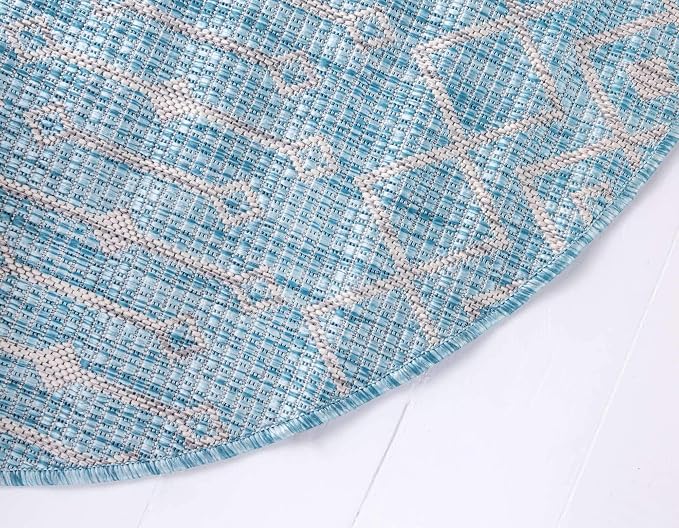Unique Loom Outdoor Trellis Collection Area Rug - Tribal Trellis (4' 1" Round, Aqua/ Ivory)