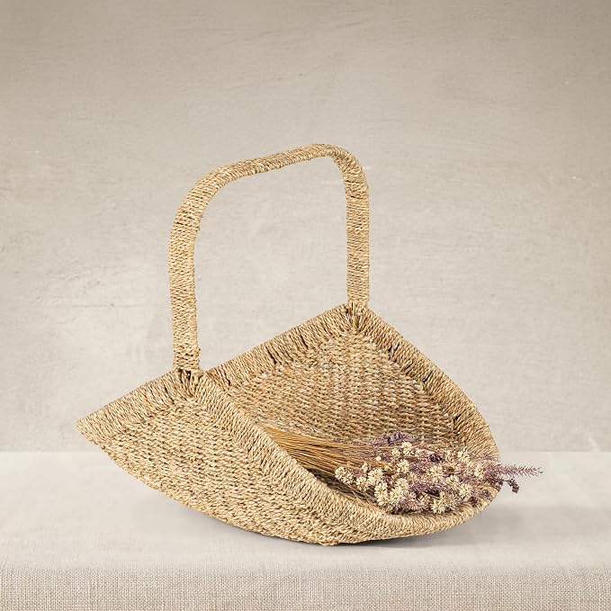 Household Essentials Woven Seagrass Flower Basket with Detachable Handle