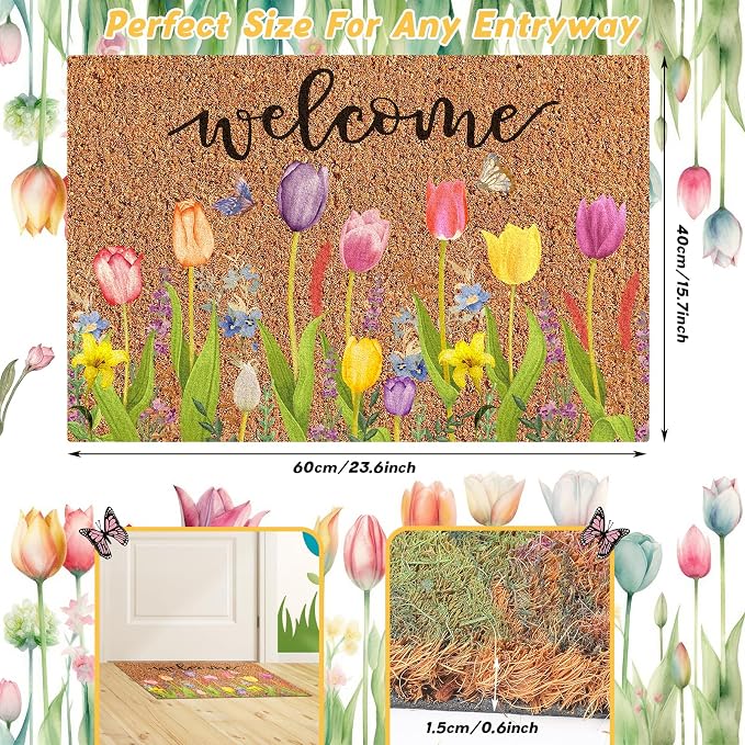 Ceenna Spring Welcome Doormat Outdoor Spring Coir Door Mat Flowers Butterfly Front Door Mat Indoor Non Slip Floral Front Porch Rugs for Home Entrance Decoration, 16 x 28 Inch