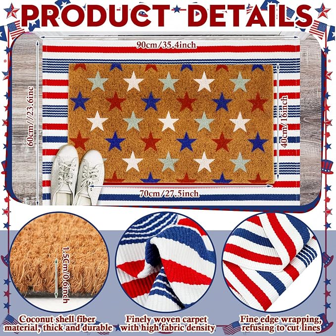 Moucuny 2 Pcs 4th of July Patriotic Coir Door Mat 24'' x 35'' Red Blue White Patriotic Outdoor Rug 16'' x 28'' Star Coir Doormat Non Slip Independence Day Welcome Doormat for Outside Porch Front Decor