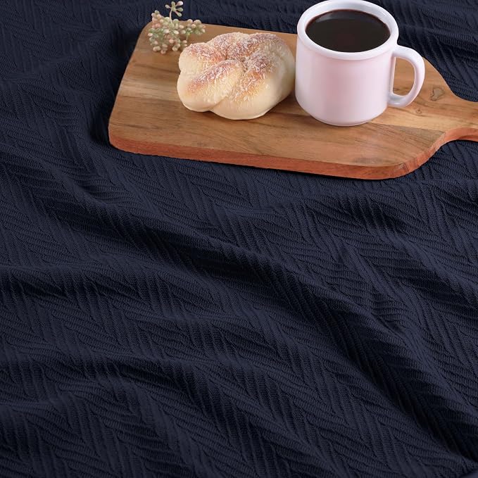 Superior Metro All-Season Cotton Blanket, Woven Blanket for Couch, Bed, Bedding, Farmhouse, Home Essentials, Cute and Cozy Bohemian Blankets, Herringbone Weave, Twin Size, Navy Blue