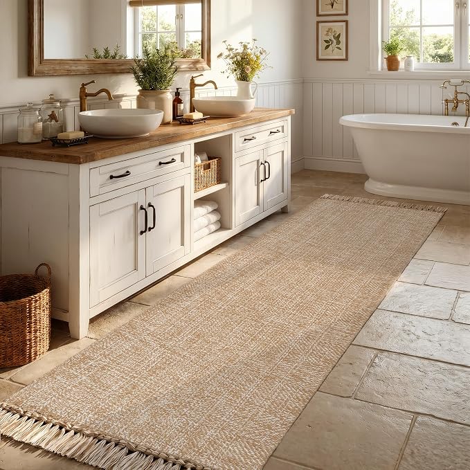 Collive Long Hallway Runner Rug 2.6' x 8', Washable Runner Indoor Entryway Rug, Tan Braided Woven Kitchen Runner Rugs Low-Profile Front Door Floor Carpet for Laundry Room Bedroom Doorway