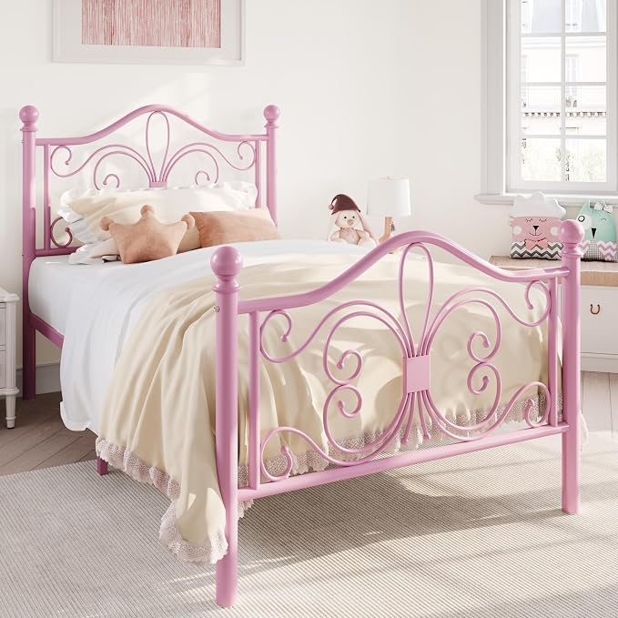 SHA CERLIN Twin Size Metal Bed Frame with Butterfly Headboard, Pink | Metal Platform Bed for Kids, Wrought Iron-Art Headboard/Footboard, Under-Bed Storage, No Box Spring Needed, Easy Assembly