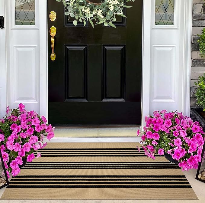 Tan and Black Outdoor Rug,2x3 ft Striped Small Area Rug Cotton Woven Washable Farmhouse Layered Door Mats for Entryway/Porch Decor/Kitchen/Home Entrance