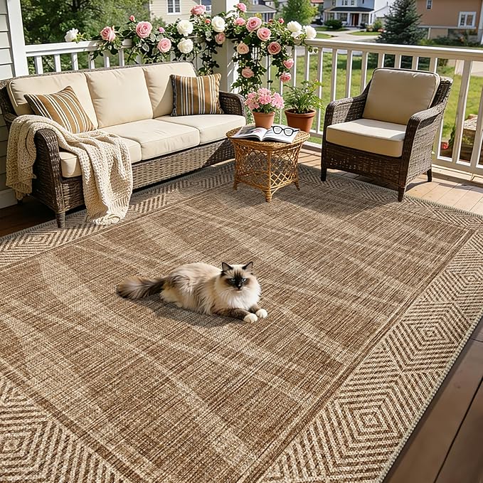 Easy Jute Rug 8x10 Outdoor Patio Rug with Border, Washable Farmhouse Non Slip Living Room Rug with Rubber Backing Indoor Outdoor, Non Shedding Carpet for Bedroom, Courtyard, Light Brown