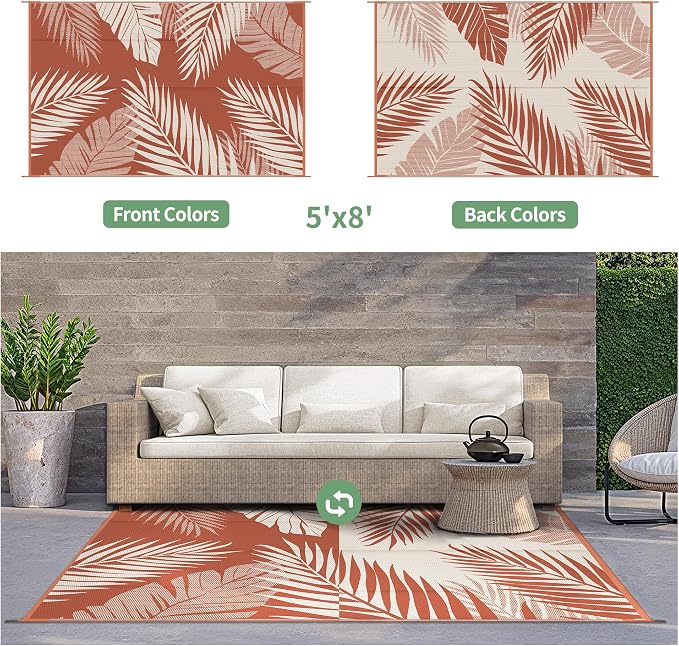 GENIMO Outdoor Rug, Waterproof Plastic Rugs for Patio, 5'x8' Brick Red | Outside Larger Leaf Carpet Mat for Porch Decor, Deck, Balcony, Camping, RV, Backyard, Picnic, Beach, Reversible, Foldable
