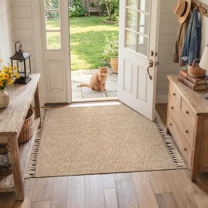 Collive 3' x 5' Indoor Outdoor Porch Rug, Modern Farmhouse Entryway Rug Boho Front Door Mat, Tan Hand-Woven Washable Kitchen Rugs for Patio Bedside Nursery Decor