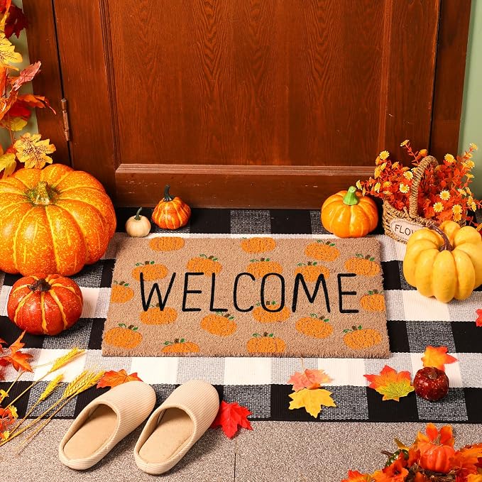 Moucuny 2 Pcs Fall Coir Doormat Outdoor Fall Pumpkin Welcome Outdoor Rugs for Layered Buffalo Black White Plaid Mats for Autumn Thanksgiving Front Door Porch Entryway Decor