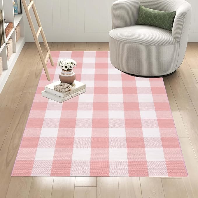 Pink Area Rug 3x5 for Entryway, Checkered Porch Rug, Cotton Washable Throw Rug for Beside Girls' Bedroom, Classroom Kitchen Front Door Indoor Outdoor Entrance