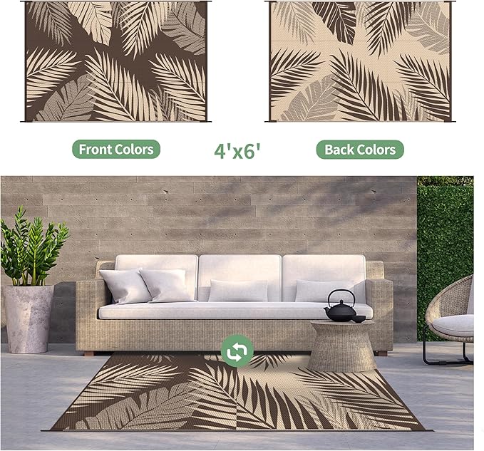 GENIMO Outdoor Rug, Waterproof Plastic Rugs for Patio, 4'x6' Coffee Beige | Outside Larger Leaf Carpet Mat for Porch Decor, Deck, Balcony, Camping, RV, Backyard, Picnic, Beach, Reversible, Foldable