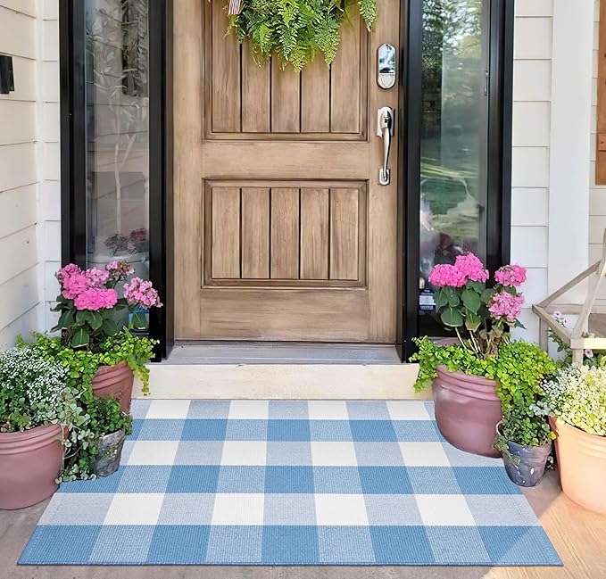 Light Blue and White Outdoor Rug 24''x35'' Buffalo Plaid Porch Mat Cotton Woven Washable Carpet for Layered Doormat Hello/Welcome Door Mat,Kitchen,Farmhouse,Entryway