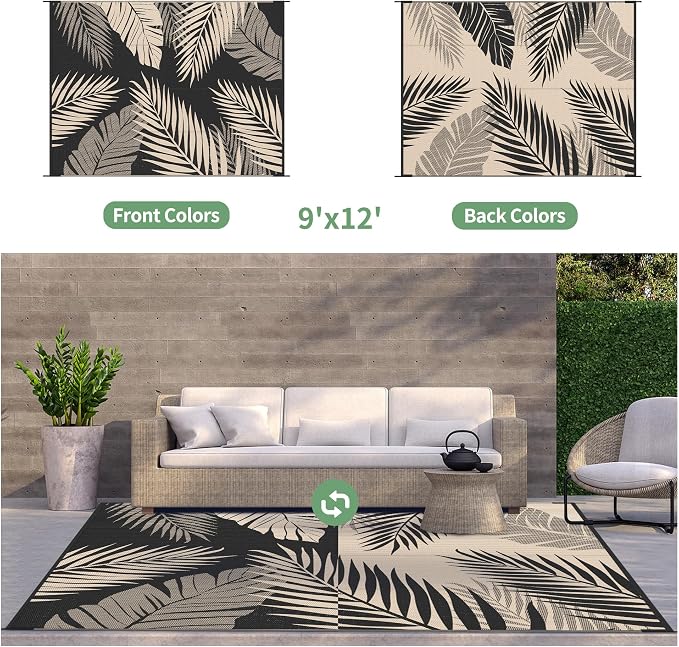 GENIMO Outdoor Rug, Waterproof Plastic Rugs for Patio, 9'x12' Black Beige | Outside Larger Leaf Carpet Mat for Porch Decor, Deck, Balcony, Camping, RV, Backyard, Picnic, Beach, Reversible, Foldable