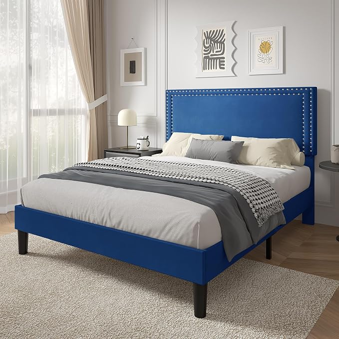 VECELO Full Size Platform Bed Frame with Height Adjustable Upholstered Headboard, Modern Mattress Foundation,Strong Wood Slat Support, No Box Spring Needed, Easy Assembly,Dark Blue