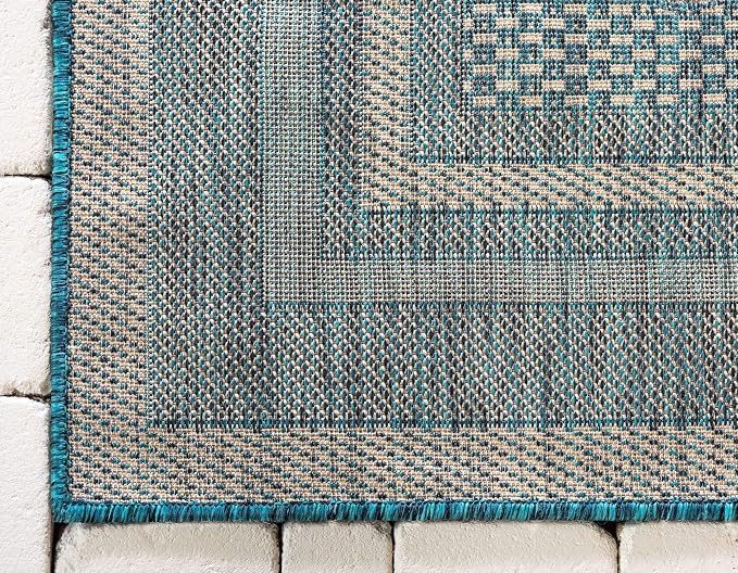 Unique Loom Outdoor Border Collection Area Rug - Soft Border (9' x 12' Rectangle, Teal/ Ivory)