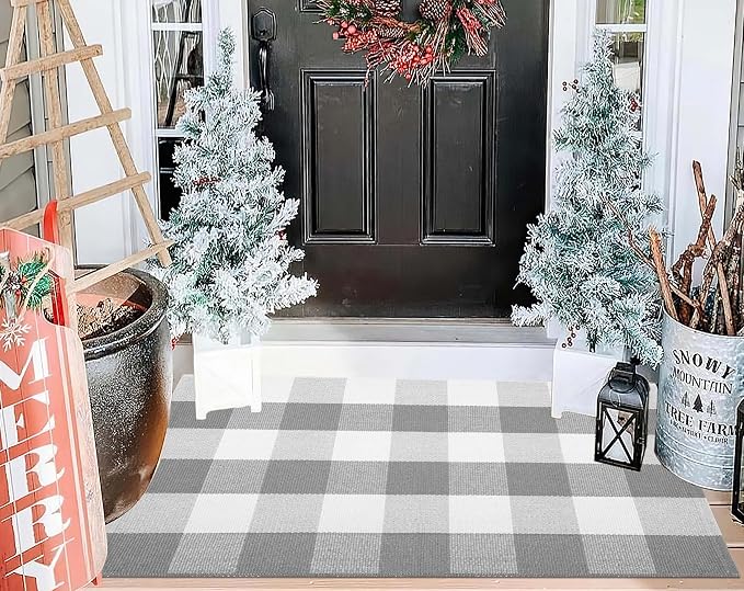 Door Mats Outdoor 24''X35'' Buffalo Plaid Front Porch Rug Cotton Woven Washable Outdoor Rug Small Area Rug for Welcome Door Mat Entryway Dining Room Bedroom Living Room