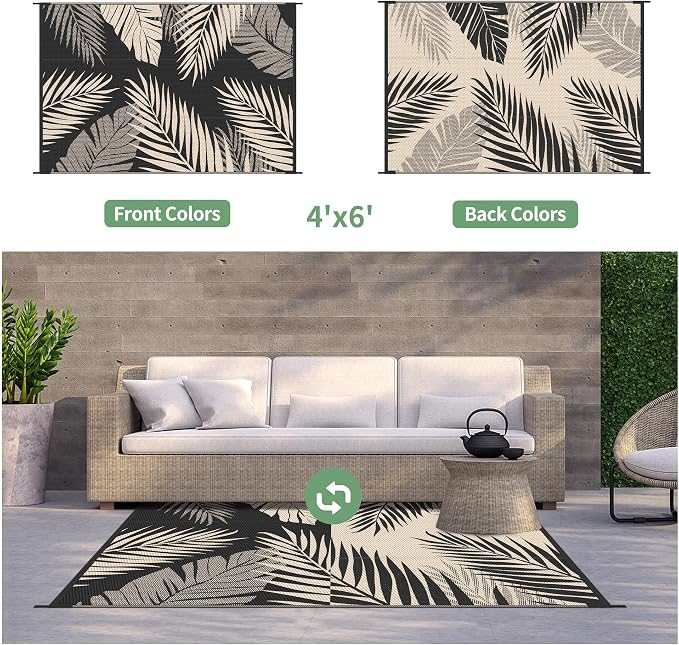 GENIMO Outdoor Rug, Waterproof Plastic Rugs for Patio, 4'x6' Black Beige | Outside Larger Leaf Carpet Mat for Porch Decor, Deck, Balcony, Camping, RV, Backyard, Picnic, Beach, Reversible, Foldable