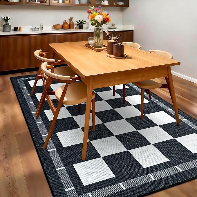 Vasofe Plaid 3x5 Outdoor Patio Rug,Washable Jute Checkered Entryway Rugs | Black and White Indoor Bedroom, Farmhouse Neutral Front Door Mat,Modern Carpet for Porch Patio Balcony Kitchen